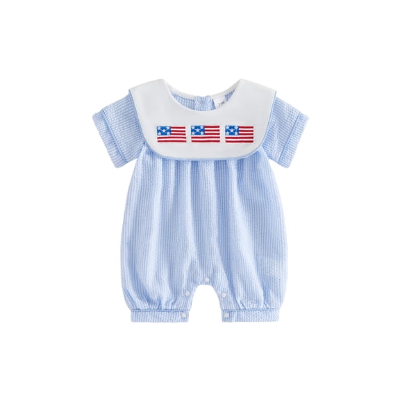 Cenuakty Baby 4th of July Romper Stripe Print America Flag Embroidery Short Sleeve Cape Collar Bodysuit