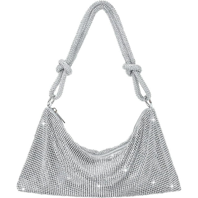 Sac à Strass Scintillant pour Soirée, Pochette à Strass Argentée pour Femmes, Sac Hobo de Bal à Strass