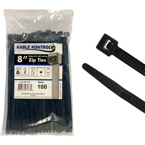 Kable Kontrol Black Zip Ties - 8" Inch Long Heavy Duty - UV Resistant Nylon - 120 Lbs Tensile Strength - 100 pc Pack