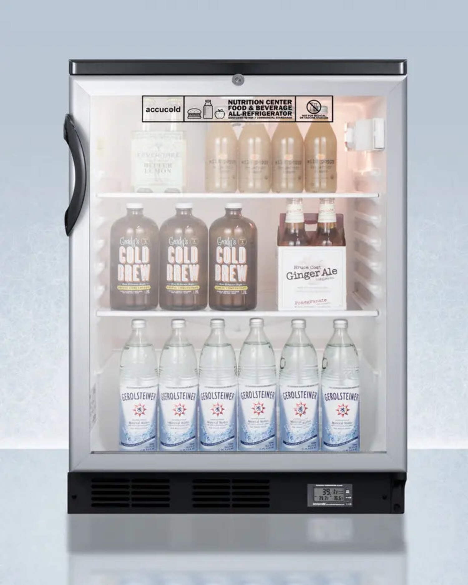 Commercially approved Nutrition Center series glass door all-refrigerator for built-in or freestanding use, with front lock and digital temperature display