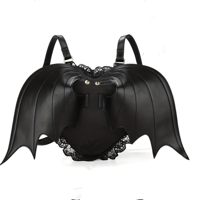 Mochila Con Forma De Murciélago Diablo Negro, Bolso De Hombro Con Encaje De Halloween, Mochila Gótica De Cuero PU