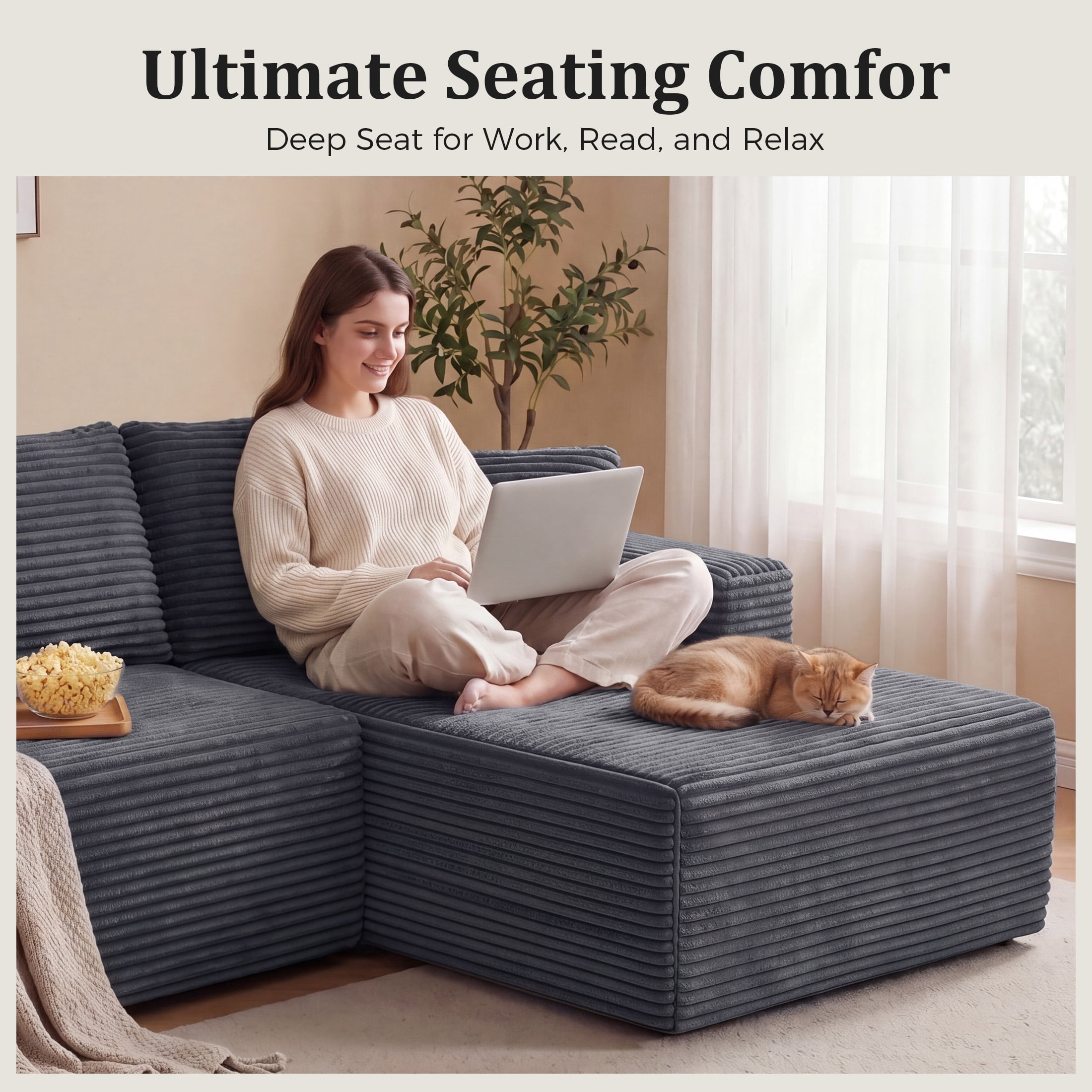 Aenkyo 95 Inch Corduroy L-Shaped Modular Sectional Sofa, Right Chaise, Gray