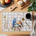 thumbnail image 2 of Birds Floral Placemats Set of 8, Farmhouse Country Pink Flower Leaf Grey Plaid Placemats for Dining Table, Place Mats for Kitchen Tabletop, Waterproof Wipeable Dining Table Mats Set, 2 of 9