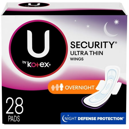 U by Kotex Security Ultra Thin Pads with Wings, Overnight, Unscented, 28 Count