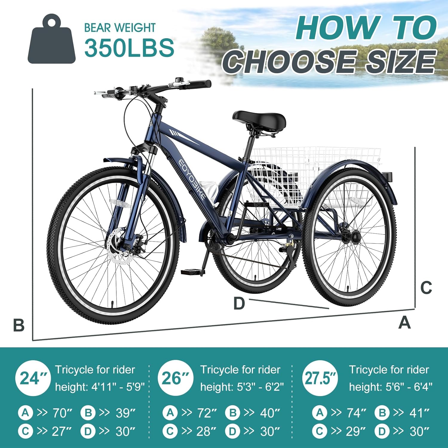 Lilypelle Mountain Tricycle for Adults, MTB 7 Speed Three Wheel Bike, 24/26/27.5 Inch Adults Trikes w/ Disc Brake & Cargo Basket for Women, Men, Seniors