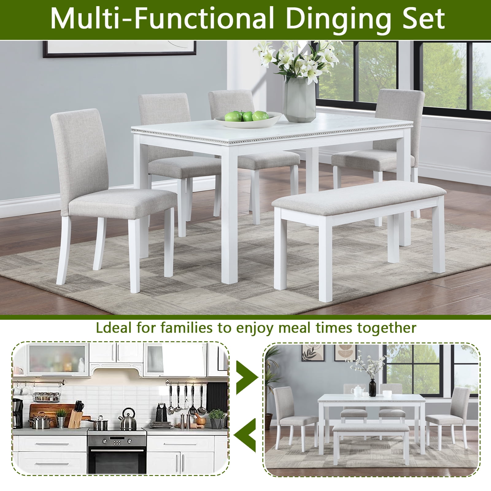 Aukfa Dining Table Set for 6, Rectangular Wood Kitchen Table W/ Crystal Decoration for Kitchen/Dining Room,White