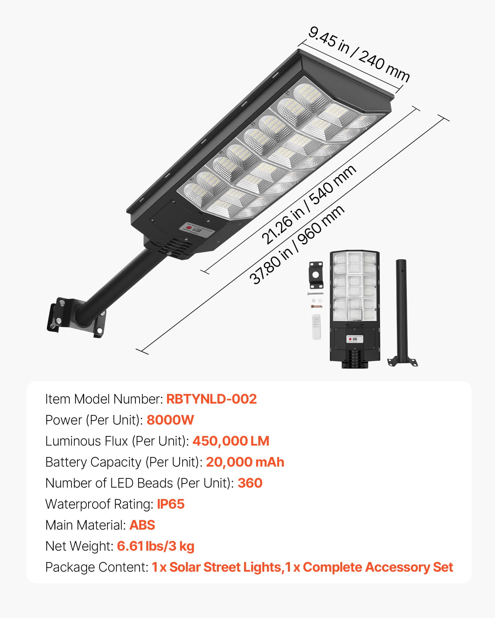 VEVOR 8000W Solar Street Light Outdoor, 450000LM, Commercial Parking Lot Light Dusk to Dawn, LED Flood Security Lamp with Motion Sensor, IP65 Waterproof Outdoor Lighting, for Driveway Yard, 1 Pack