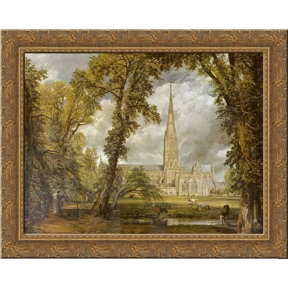 View of Salisbury Cathedral from the Bishop's Grounds 24x20 Gold Ornate Wood Framed Canvas Art by John Constable