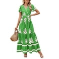 thumbnail image 2 of Womens 2025 Summer Casual V Neck Boho Maxi Dress Flowy Aline Bell Sleeve Tiered Floral Dresses with Pocket Green XXL, 2 of 7