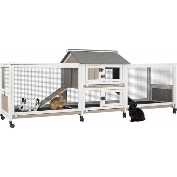 PETSCOSSET Rabbit Hutch Outdoor Wooden Bunny Cage with Double Side Runs, 4 Pull-Out Trays & 9 Access Doors, Large Guinea Pig Cage, Waterproof