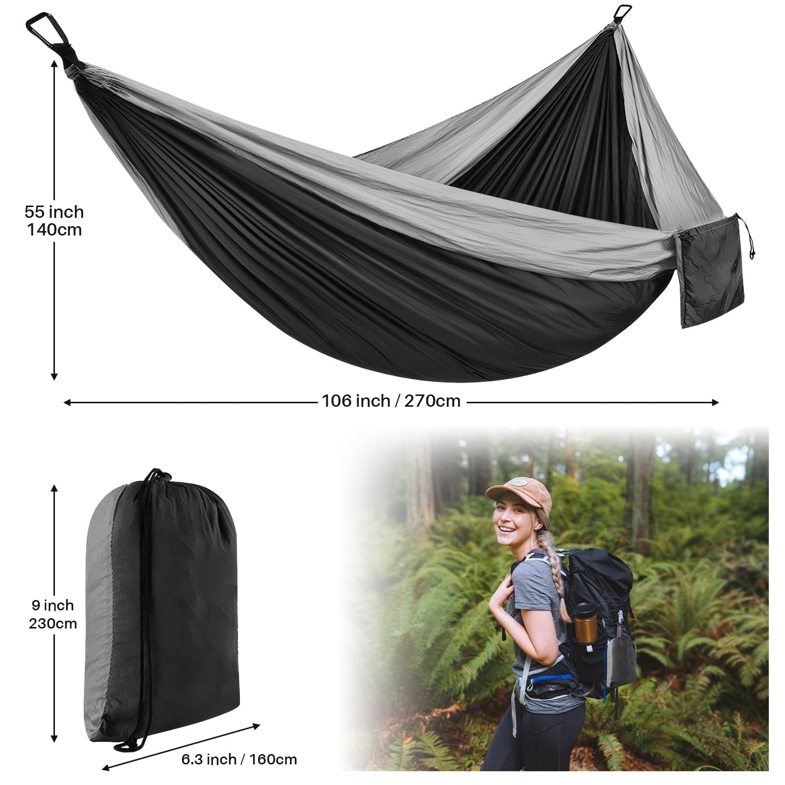 Topchances Camping Hammock, 210T Nylon Lightweight Single Hammock with 2 Tree Straps and Carry Bag, Great for Outdoor, Indoor Beach, Camping, Gray & Black