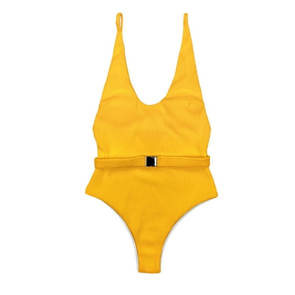 Women's One Piece Swimsuits High Cut Backless Bathing Suit Belted Adjustable Strap Summer Beach Swimwear (S, Yellow)
