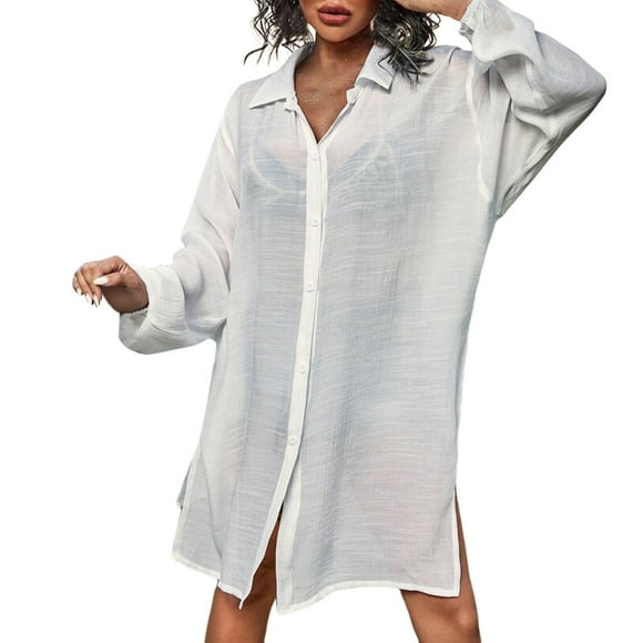 TOOYOU Womens Swimsuit Cover Up Button Down Shirt Midi Dress New Long Sleeved Shirt Beach Cover Up Bikini Over Cardigan Summer Swimwear Coverups White