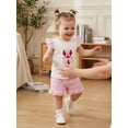 thumbnail image 6 of BemeyourBBs Toddler Baby Girls Summer Clothes Infant Baby Girl Crayfish Outfits Cute Lobster Bow Embroidery Flying Sleeve Round Neck T Shirt Tops and Ruffle Plaid Shorts Set, 6 of 9