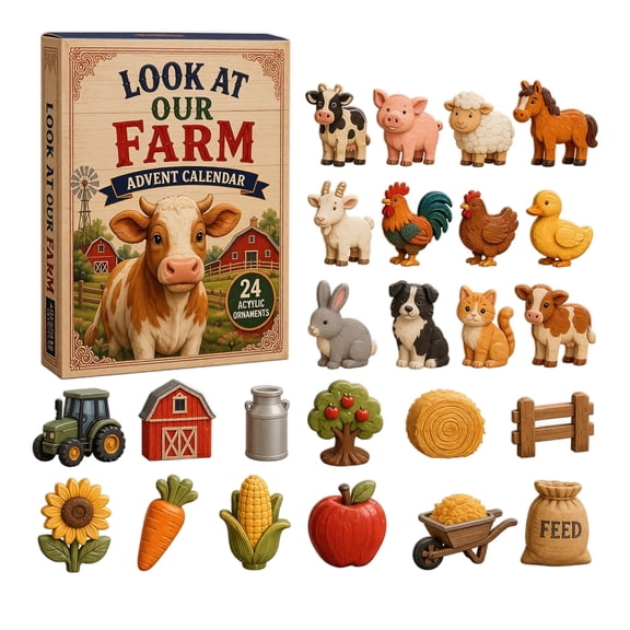 Look at Our Farm 2026 Christmas Advent Calendar,24 Days Farm-Themed Acrylic Ornaments Set with Animals Tractors Barns,Christmas Tree Hanging Decoration Holiday Stocking Stuffer Gift