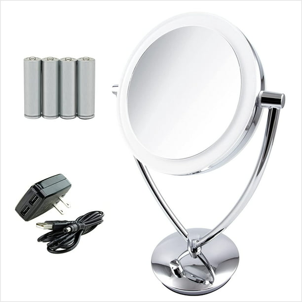 Ovente LED Lighted Makeup Mirror Inch Table Top 1X 5X Magnifier Dimmable illuminated Adjustable Circle 360 Double Acrylic Edge Battery USB Operated Large, Polished Chrome MLT75CH1X5X - Walmart.com