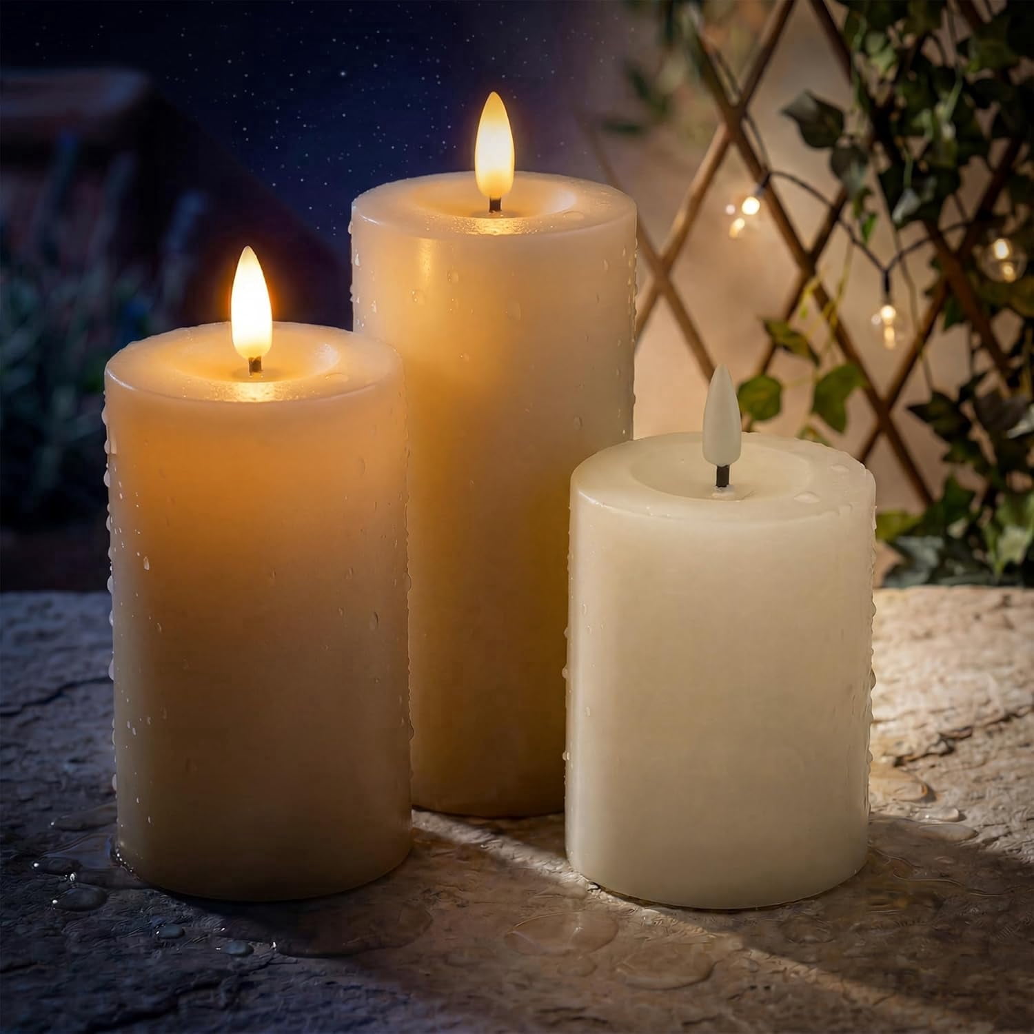 WYZworks Solar LED Flameless Pillar Candle Set of 3 – Ivory Outdoor Rechargeable Lights with Warm Flickering Wick, Weather-Resistant, Auto Dusk-to-Dawn (4", 5", 6")