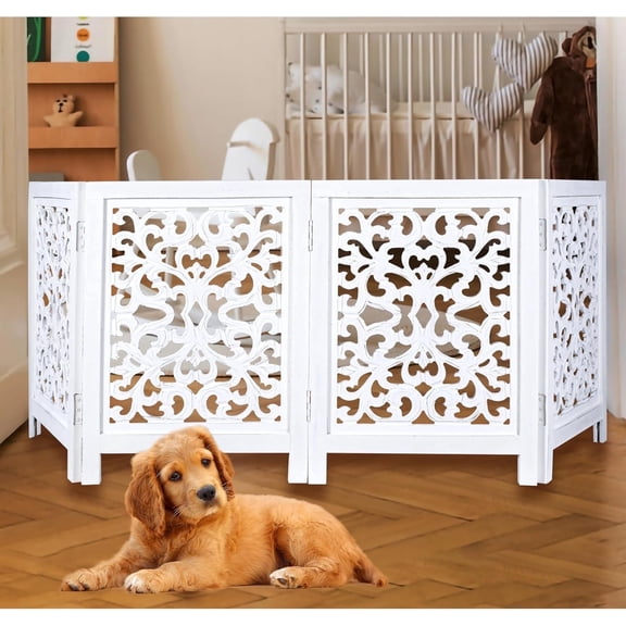 Free Standing Dog Gate – 4 Panel Foldable Wooden pet gate Indoor 72" W x 24" H, Hand-Carved Solid Wood & MDF, Portable Indoor Gate for Doorways, Halls, Stairs – Fully Assembled, Antique White