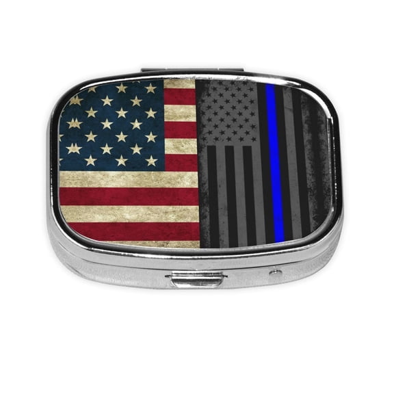Metal Pill Organizer America Thin Blue Line Flag Portable Compact Pill Box 2 Compartments Pill Case For Purse Pocket
