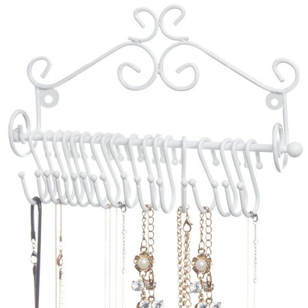 MyGift Wall-Mounted White Metal Scrollwork Design Hanging Jewelry Organizer Rack w/ 20 Hanging S-Hooks