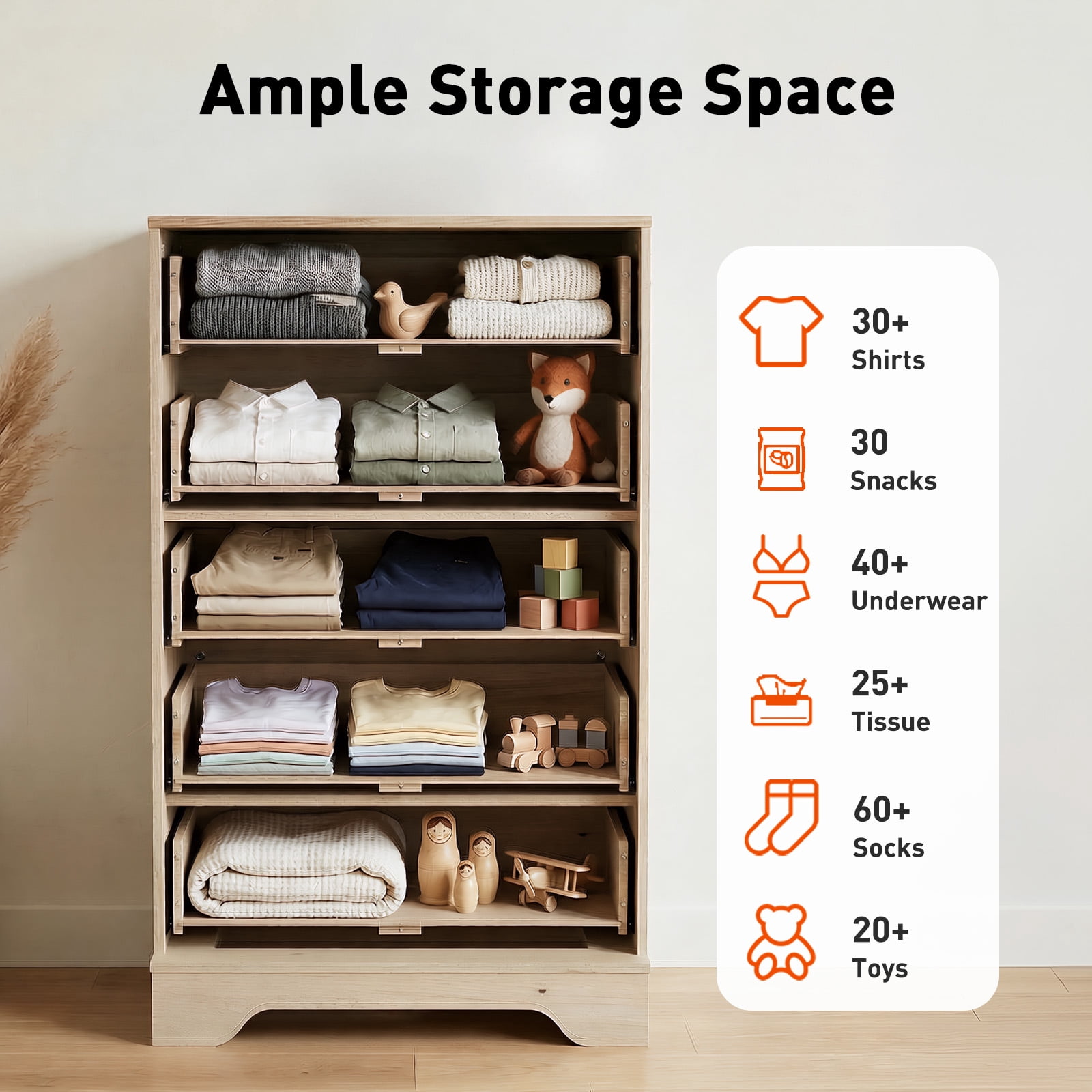 CHITOOMA 5 Drawer Dresser Wooden, Fluted Tall Dresser for Bedroom, Chest of Drawers for Living Room Hallway, Natural