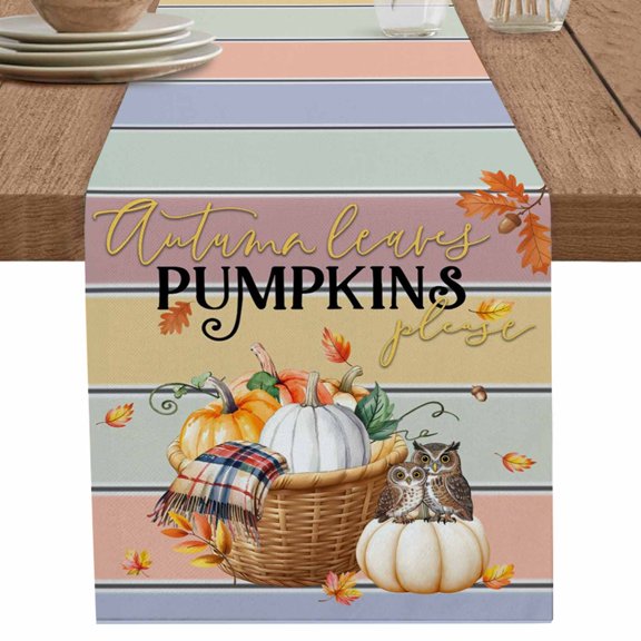 nqOlkjepod Thanksgiving Table Runner 36 Inches Long Farmhouse Dress Scarves, Fall Pumpkins Teal Pink Watercolor Wooden Retro Dining Tablerunner for Coffee Table/Kitchen Island/Party, Small 13"x36"