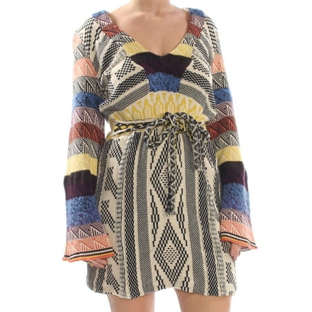 FREE PEOPLE Womens Beige Sweater Patchwork Long Sleeve Above The Knee Dress  Size: