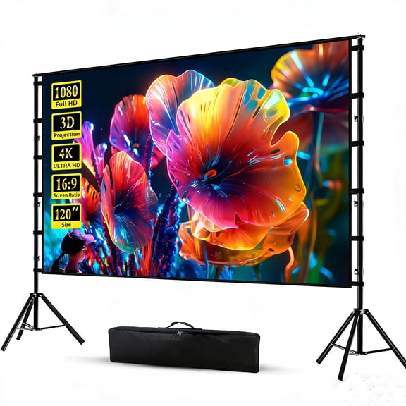 GAINVANE Portable Projector Screen with Stand, 120 inch,16:9 4K HD,Wrinkle Resistant,Indoor Outdoor Home Theater Movie Screens