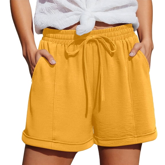 HKYNLAG Linen Shorts for Women Summer Drawstring Elastic Waist Shorts Dressy Casual with Pockets Boho Beach Shorts 2026 Yellow 2XL