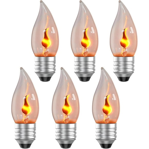 Ampoules à Flamme Améliorées, Ampoules de Feu Vacillantes E26 Bougie à Flamme pour Halloween Noël Fête Patio Porche Maison Décorations Intérieures et Extérieures - Lot de 6