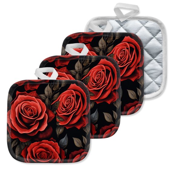 4 Pack Pot Holders,Kitchen Essential, Potholder Set,Red Roses Pattern On A Black Background