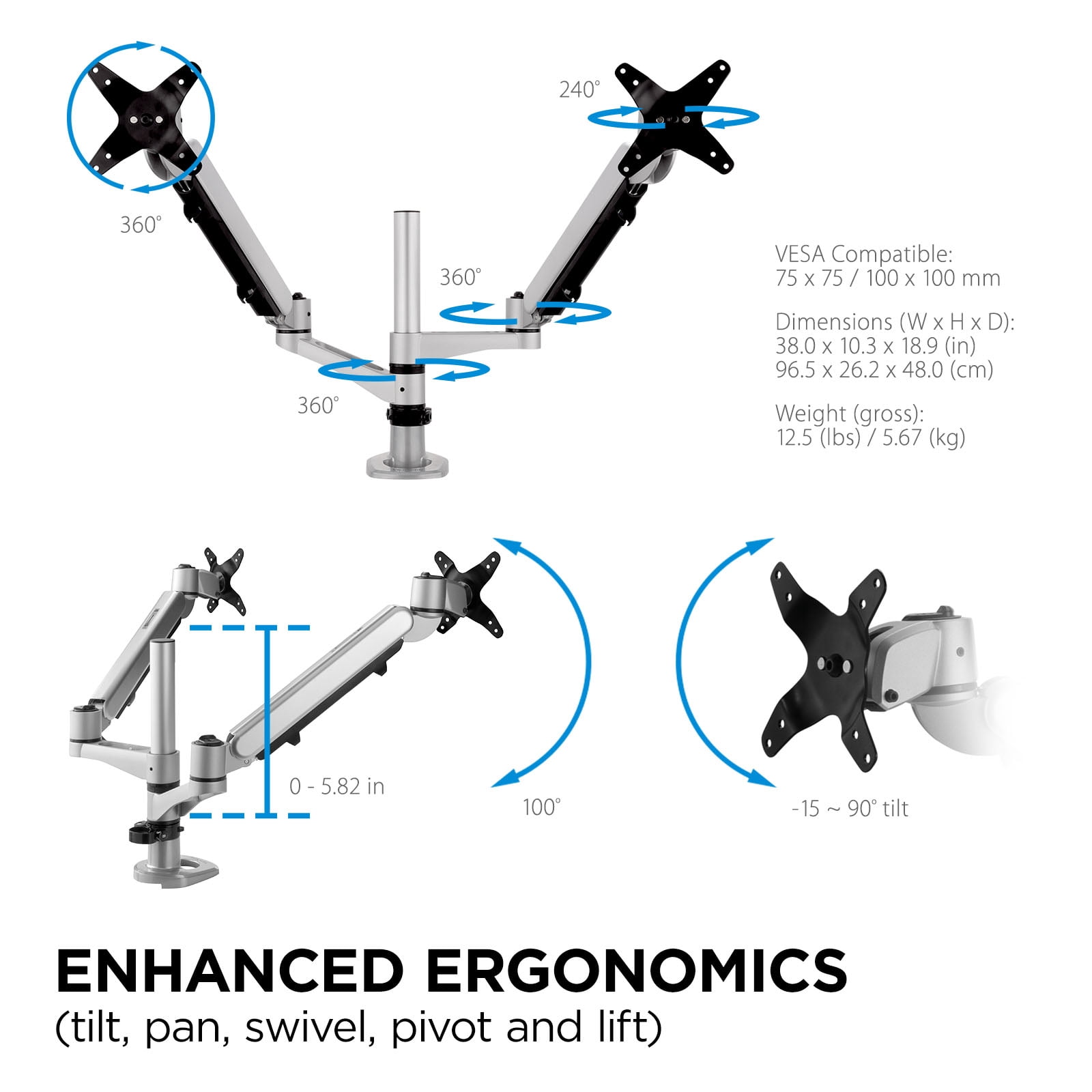 Spring-Loaded Dual Monitor Mounting Arm for Two Monitors up to 27 Inches Each VESA 75x75 and 100x100mm Compatible