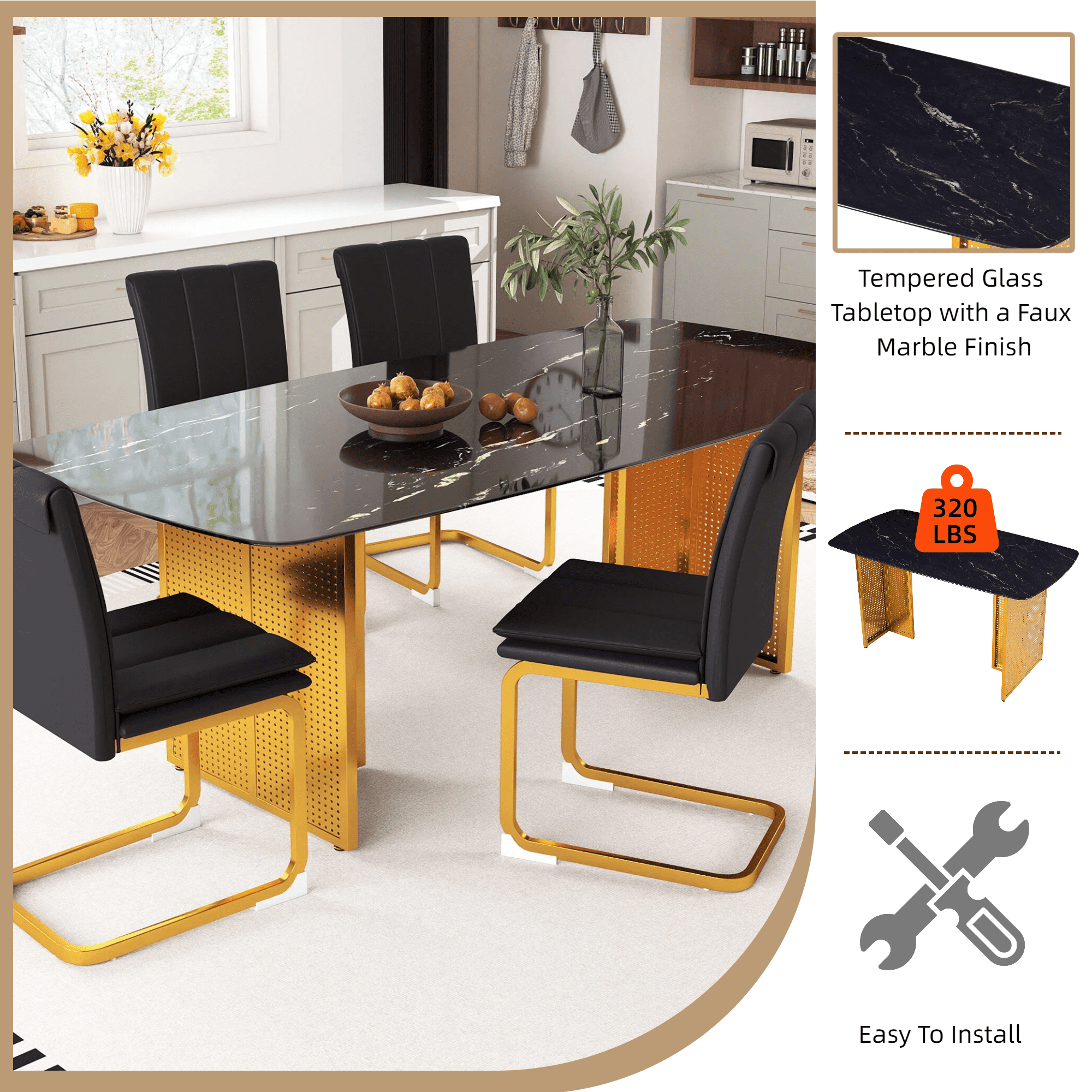 Euroco 51.2inch Glass Dining Table for 6,Rectangular Kitchen Table with Marble-Patterned Design and Metal Legs for Kitchen Living Room,Black