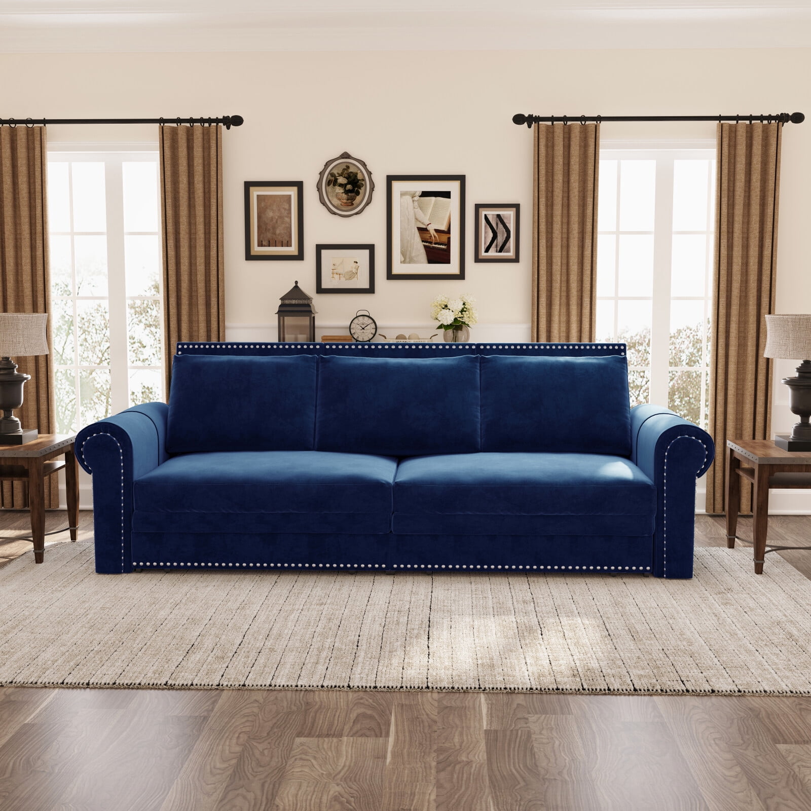 Luxurious 94" King Pull Out Sofa Bed, 3-in-1 Velvet Convertible Sleeper Sofa with Nailhead Trim, Rolled Arm & Deep Seat for Living Room, Blue