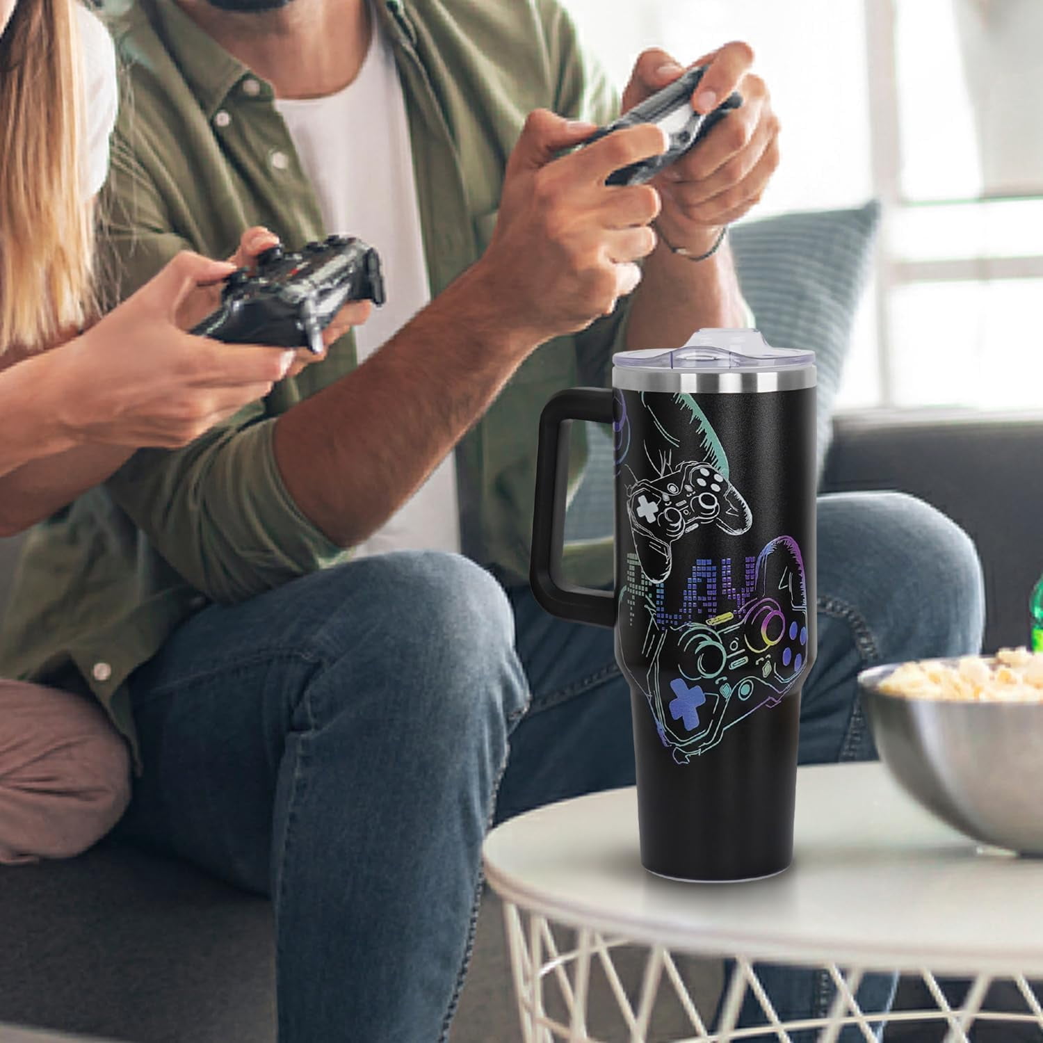 Gamer Gifts 40 oz Tumbler with Handle and Straw Lid for Men,Cool Gaming Video Game Gamepad Presents for Teens Son Dad Boyfriend Husband Father Christmas Easter Birthday Gift Tumbler Coffee Cup Mug