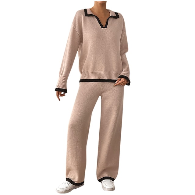 ShomPort Womens 2PC Matching Set Tennis Collar Long Sleeve Ribbed Cuff Sweater Full Length Loose Pants Comfy Trendy Knit Outfits