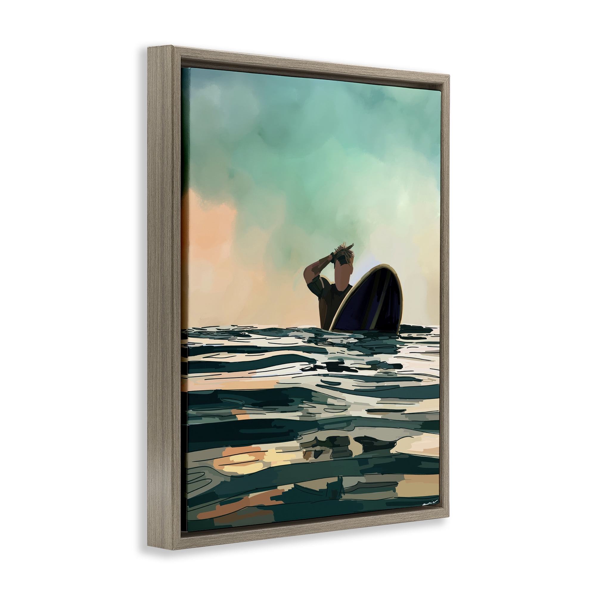 Stupell Industries Surfer with Ocean Reflection Nautical & Beach Painting Brown Floater Framed Canvas Art Print Wall Art, 17 x 21