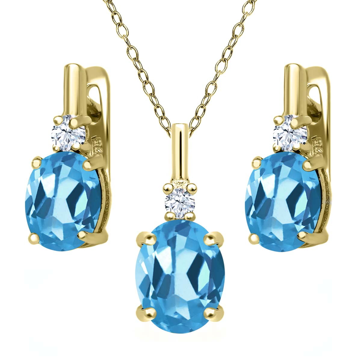 6.65 Ct Swiss Blue Topaz White Created Sapphire 18K Yellow Gold Plated Silver Pendant Earrings Set by