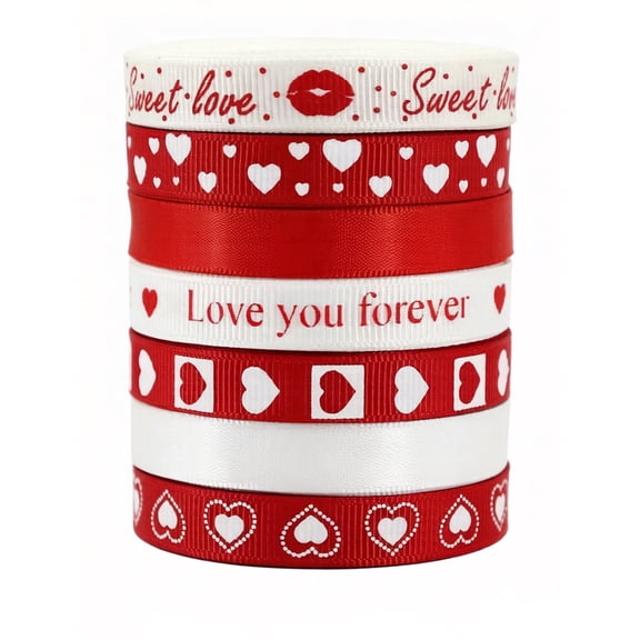 7 Rolls Red & White Valentine Ribbon, Total 35 Yards, 0.35 inch Grosgrain Satin Ribbon for Gift Wrapping, DIY Crafts, Wedding Party Decorations