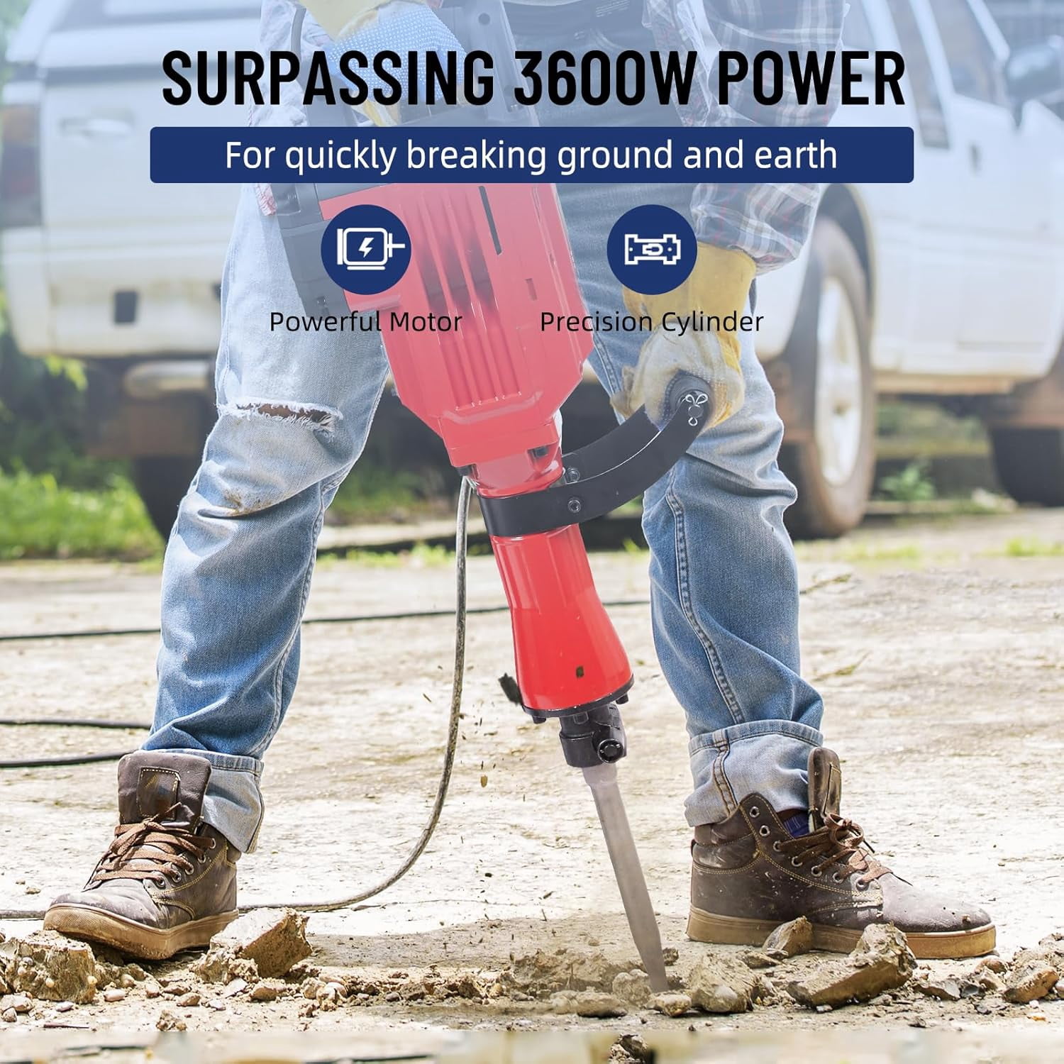 Demolition Hammer, Heavy Duty 3600W Electric Jackhammer, 1800 BPM Concrete Breaker 2pcs Chisels Bit Chipping W/Case, Gloves