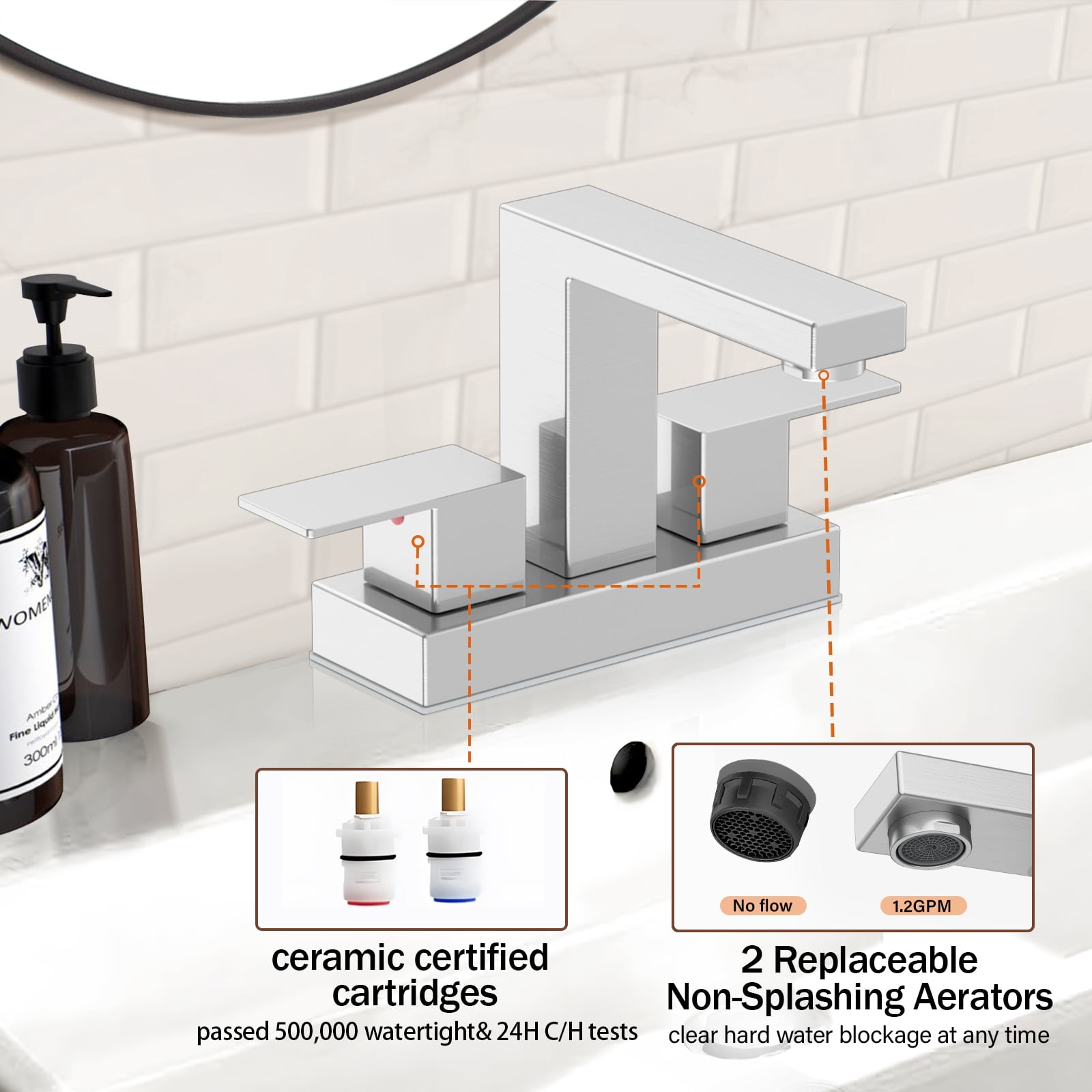 KINGTACK Bathroom Faucets, 4 Inch Brushed Nickel Bathroom Faucets for Sink 3 Hole, 2 Handle Bathroom Sink Faucets with Pop-up Drain and Supply Lines