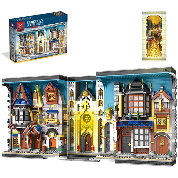 Medieval Architecture Book Nook Building Set with Light, European Century Street View Bookend, DIY Bookshelf Building Block Kit for Home Decor