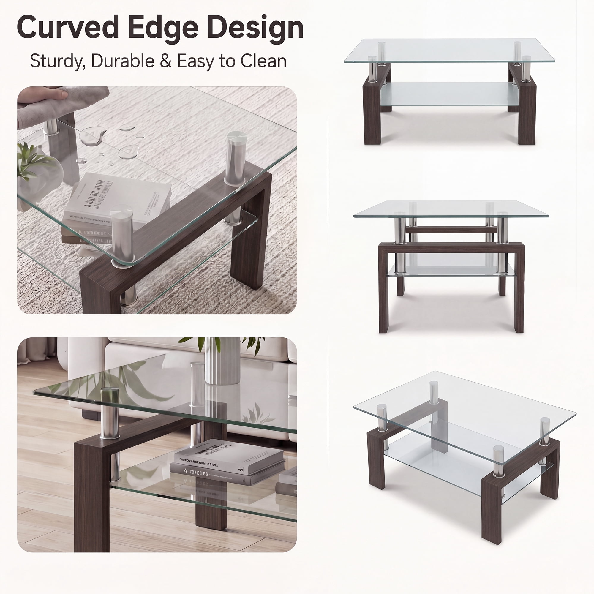 Glass Coffee Table with Lower Shelf, Holaki Modern Rectangular Tempered Glass Center Table with Metal Legs for Living Room, Walnut