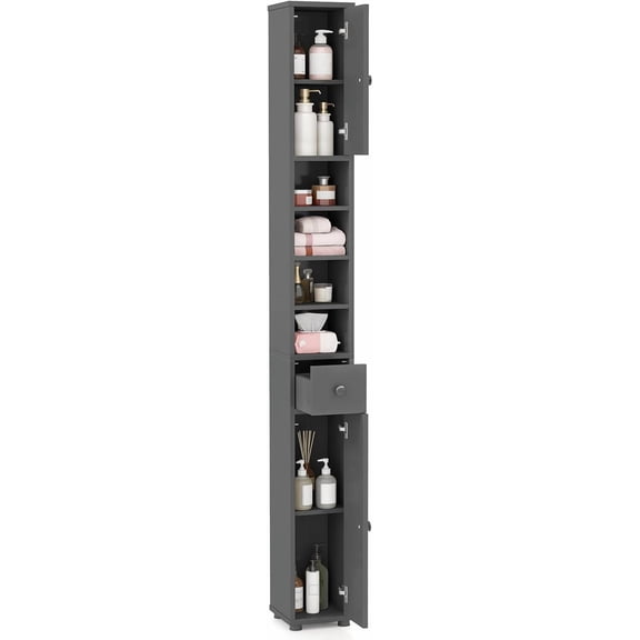 Slim Freestanding Bathroom Storage Cabinet, Tall Narrow Floor Cabinet with 1 Drawer, 2 Doors, 5 Adjustable Shelves & Anti-Tipping Device