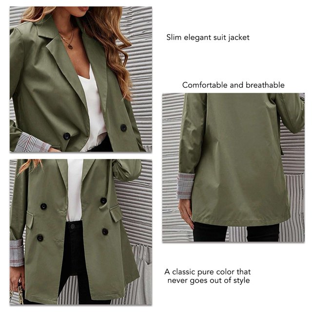 Chaqueta De Traje De Mujer, Manga Larga, Solapa A Cuadros, Puños Enrollados, Chaqueta De Traje De Moda, Bolsillo Para Viajes, Compras Para Mujer ANGGREK Verde militar L
