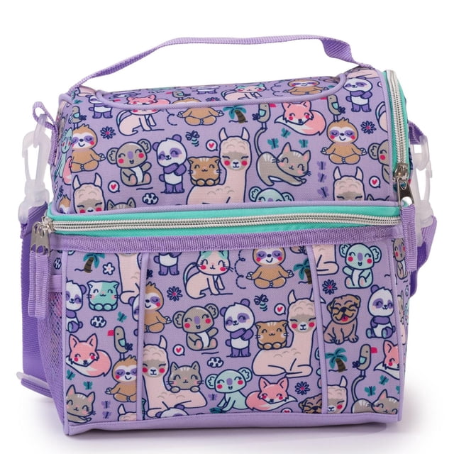 Purple insulated dome lunch box for kids featuring cute animal cartoons, a top handle, adjustable shoulder strap, and zipper closures.