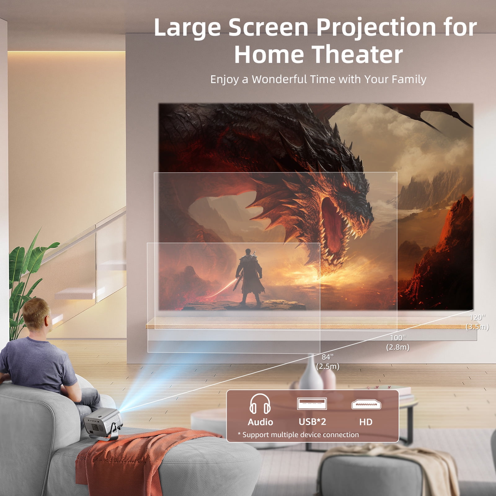 Smart Projector, Native 1080P with 4K Support, WiFi Bluetooth, Auto Focus, Keystone Correction, 360° Stand, 300'' Display for Home Theater