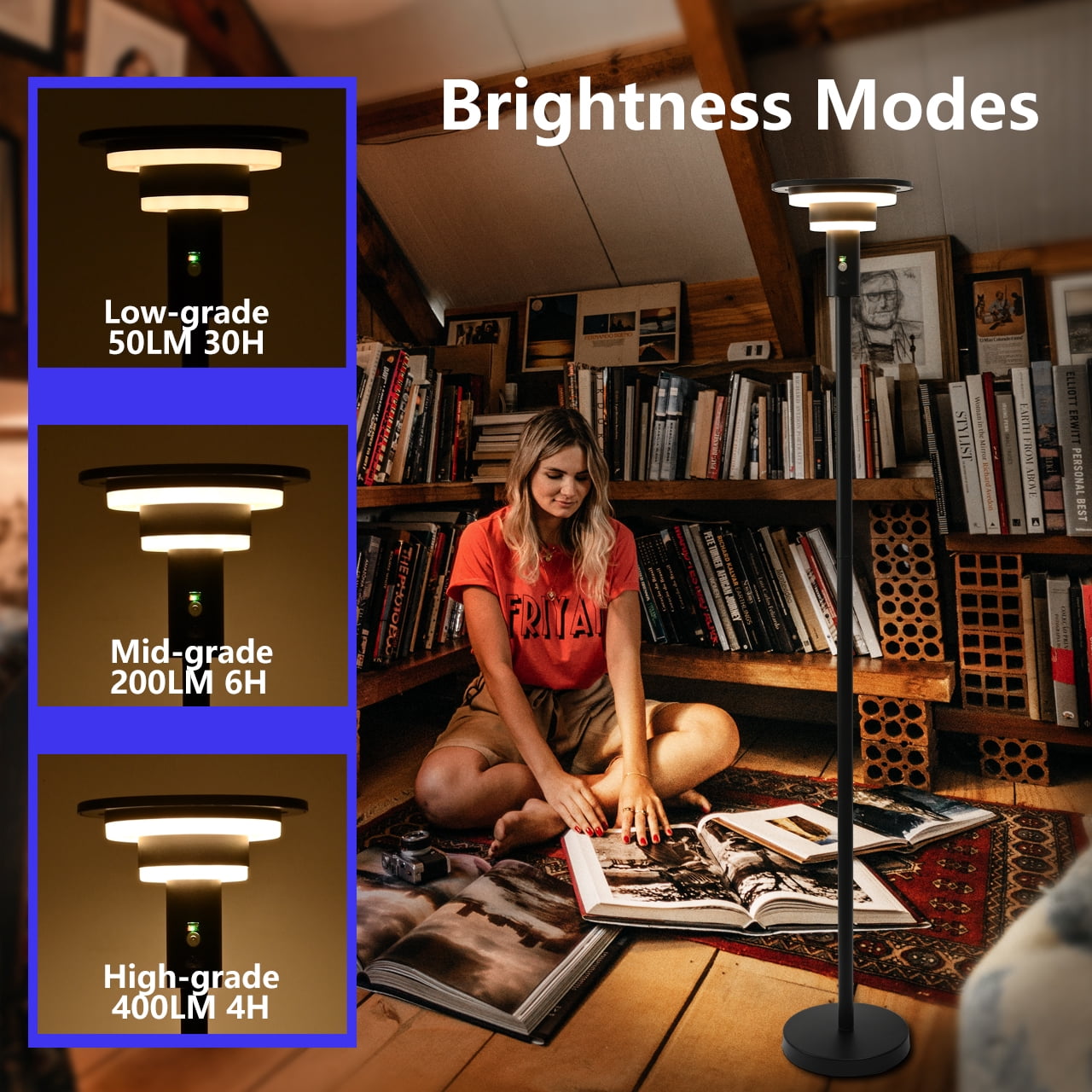 Shinelan Solar Floor Lamp for Patio Waterproof IP44,Outdoor USB Rechargeable Cordless Floor Lamp with 3 Modes,Height Adjustable,Warm White 3000k Standing Solar Lights for Deck, Porch, Camping