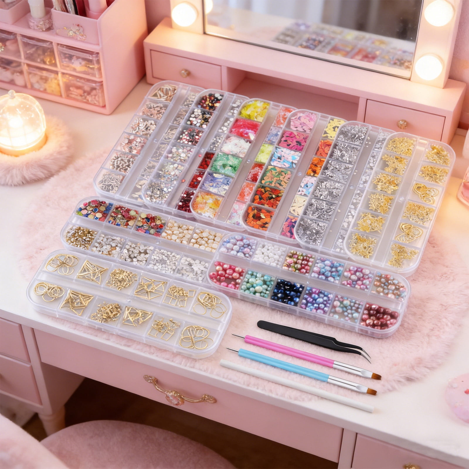 Bedazzle Rhinestones Craft Kit Multicolor 3 mm Flatback Resin Gems Set With Tweezers And Pickup Pens DIY Decoration Craft Supply Organizer Box