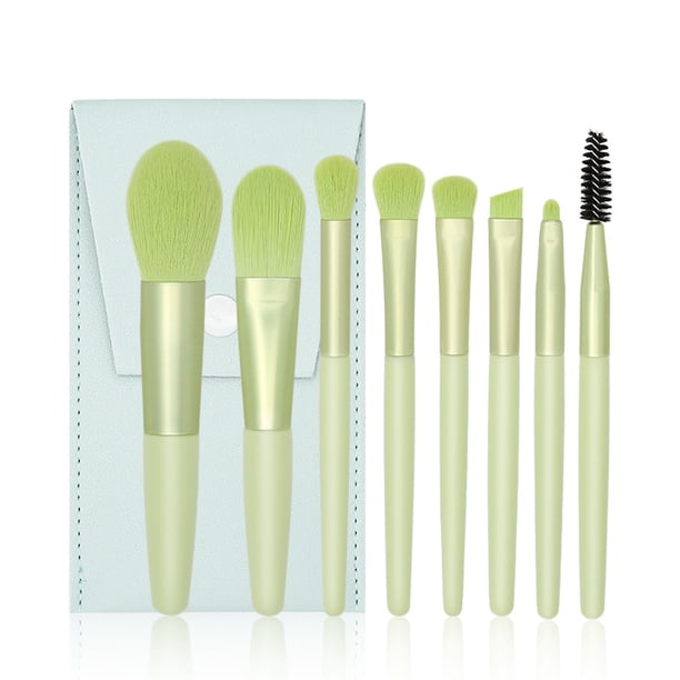 Xiao Hua Juego de 8 brochas de maquillaje para viaje, brochas cosméticas para rostro, base, rubor, sombra de ojos, con bolsa de almacenamiento (verde claro).